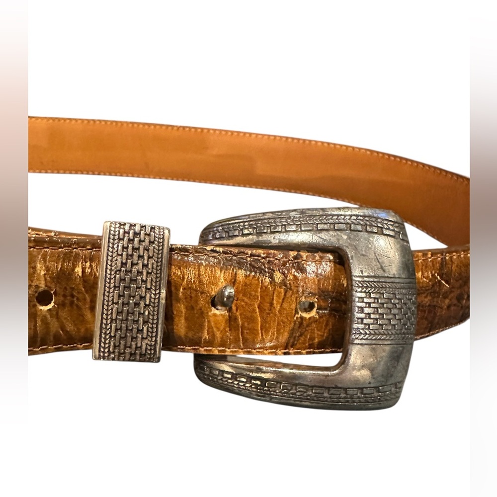 Onyx by Brighton Leather Belt Western Silver Engraved Buckle Tip Size 36